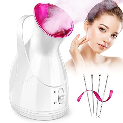 Nano Ionic Vaporizador Facial Steamer For Facial Deep Cleaning Warm Mist Humidifier, Personal Face Steamers Professional Kit Home Spa Portable Facial Bonus 4Pcs Stainless Steel Skin Kit For Face Pink #TOP22