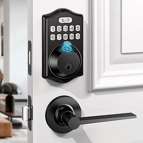 Fingerprint Door Lock Set-Keyless Entry Door Lock with Handle， Smart Front Door Lock Set-with 2 Lever Handles-Electronic Keypad Code Deadbolt,Easy Installation, Auto Lock (Black)