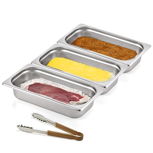 Morleos Lot de 3 bols à paner + pince marron - GN 1/3 - En acier inoxydable - Dimensions : 32,5 x 17,6 x 6,5 cm - Volume total : 7,5 l - Pour paner et mariner la viande, les escalopes - 0,7 mm