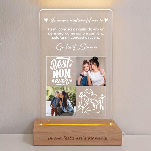 LASERO' Lampada con Foto Personalizzata per Festa della Mamma – Idea Regalo Mamma Compleanno, Base in Legno con Incisione