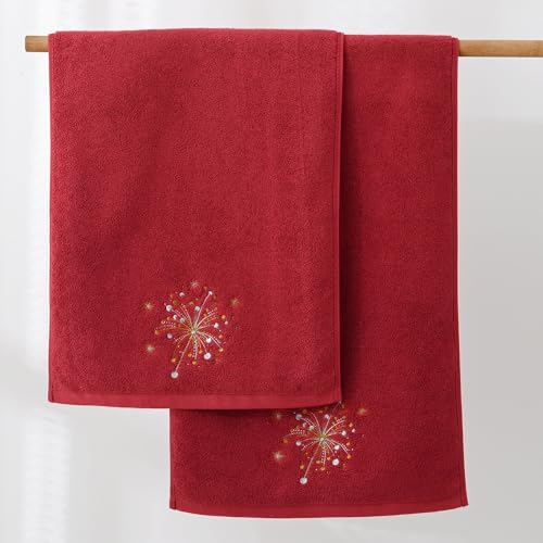 YiLUOMO Red Hand Towel Set of 2 Spark Fireworks Embroidered Design Highly Absorbent 100% Cotton Super Soft Hand Towels for Bathroom Home Party Decorations 13 x 29 Inch by YiLUOMO - Used condition - Image 4