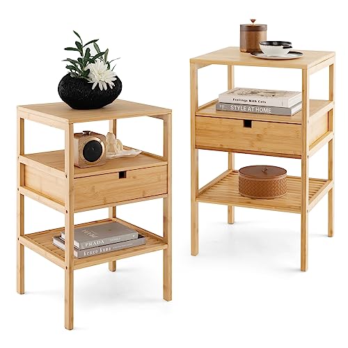 COSTWAY 2er Set Nachttisch aus Bambus, 3-stufiger Beistelltisch mit Schublade und Lattenregal, Nachtkonsole für Boxspringbett, Nachtschrank Sofatisch für Schlafzimmer und Wohnzimmer, 40 x 40 x 68 cm
