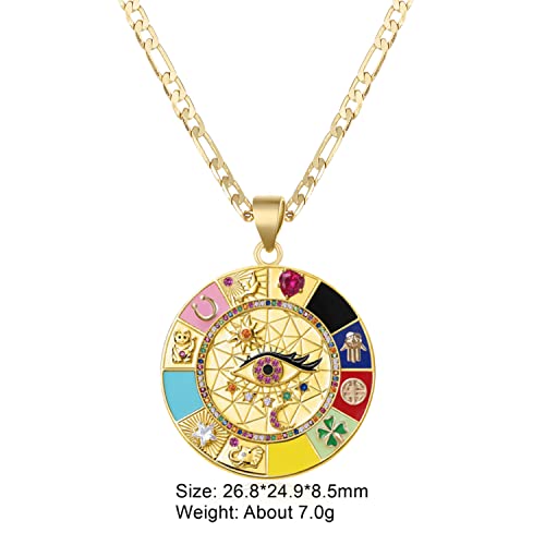 kelistom 14K Gold Plated Round Evil Eye Necklace for Women Men Boho Enamel Zircon Inlay ojo Hamsa Turkish Greek Evil Eye Pendant Necklaces| 3mm Figaro Chain Necklace2