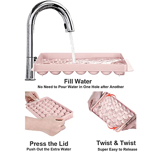 Round Ice Cube Tray With Lid Ice Ball Maker Mold For Freezer With Container Mini Circle Ice Cube Tray Making 66Pcs Sphere Ice Chilling Cocktail Whiskey Tea Coffee(2 Pink Trays 1 Ice Bucket & Scoop) #TOP1