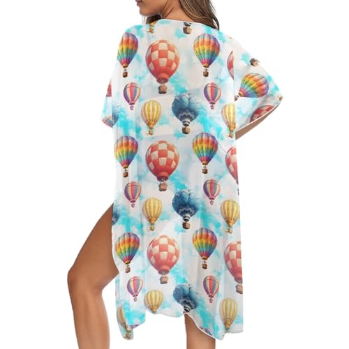 Irisjudy Kimono para mujer, vestido casual de flores tropicales, vestido de gasa, cárdigan largo, hot air balloon, Large