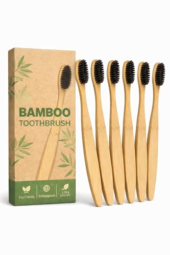 Image of Eco Friendly Bamboo Toothbrush Pack of 6 | Ultra Soft Charcoal Bristles | Biodegradable Wooden Toothbrush | Plastic Free Tooth Brush for Adults & Kids | Oral Care Set