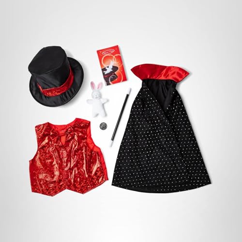 Melissa & Doug Magician Costume, Pretend Play Dress Up Set (8-Pc) Hat, Cape, Wand, & Accessories, Role Play Toys for Kids 3+