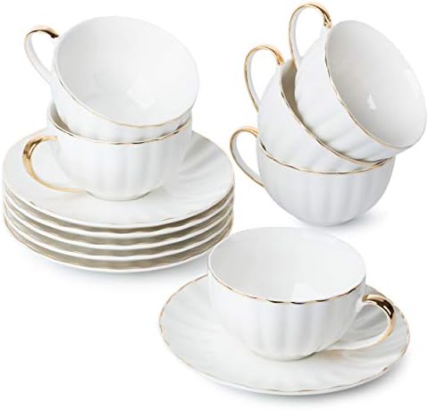 BTaT- Tea Cups and Saucers, Set of 6 (7 oz) with Gold Trim and Gift Box, Cappuccino Cups, Coffee Cups, White Tea Cup Set, British Coffee Cups, Porcelain Tea Set, Latte Cups, Espresso Mug, White Cup