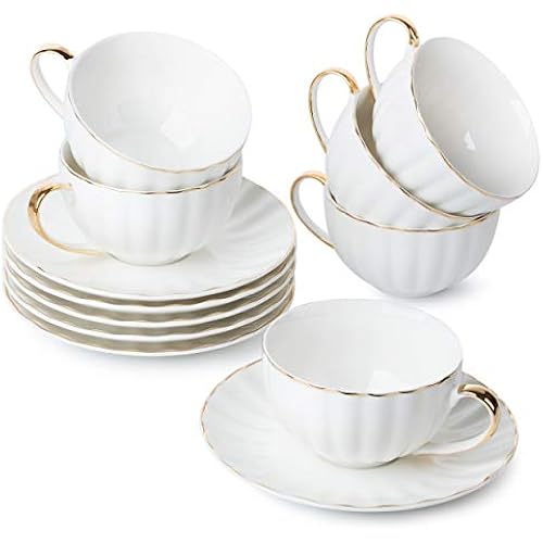 BTaT- Cappuccino Cups with Saucers 7 oz, Set of 6, Golden Trim Design