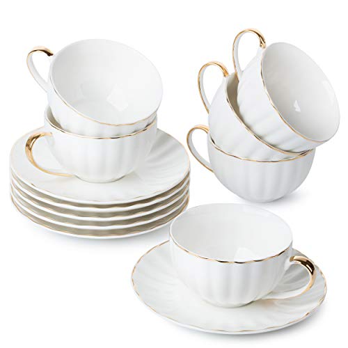 BTaT- Cappuccino Cups with Saucers 7 oz, Set of 6, White Porcelain Coffee Cup and Saucer Set for Latte with Golden Trim Design, Dishwasher Safe, Mocha, Tea, Au Lait, Flat White by Brew To A Tea - Used condition - US$31.55