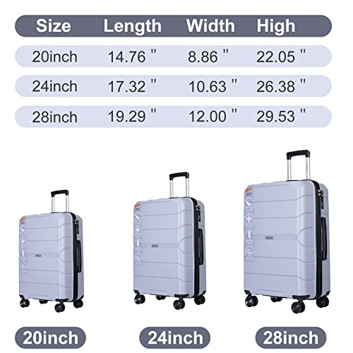Hard Shell Luggage Sets,Hardshell Suitcase Spinner Wheels PP Luggage Sets Lightweight Suitcase with TSA Lock,3-Piece Set (20"/24"/28") (Silver)4