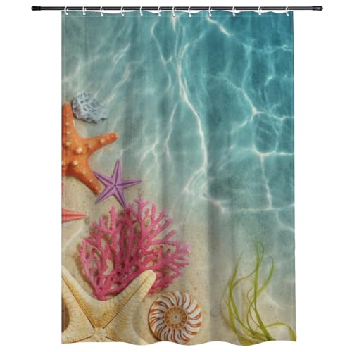 MeaIDAPK Seaweed Pattern Bathroom Shower Curtain with Hooks, Summer Wa