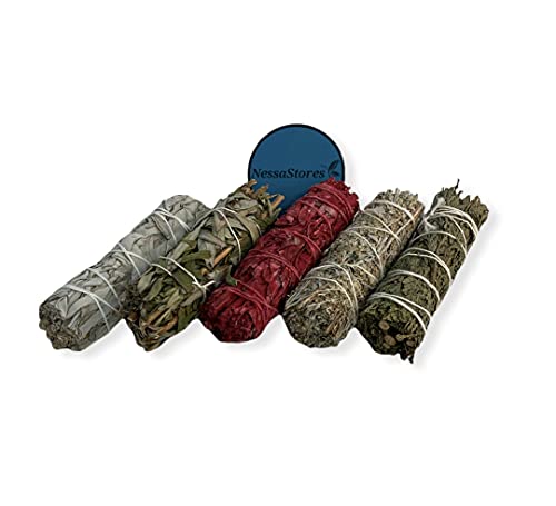 Nessastores - 5 Pcs Smudge Sampler Kit Of White Sage, Black Sage, White Sage Dragon's Blood, Blue Sage, Cedar 4" Bundles #Jc-209 (3 Kits) #TOP1