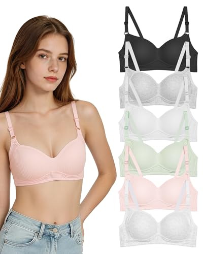 Etdane Girls Training Bras Wireless Teen Bras for Girl 14-16 16-18 Lightly Fixed Padded Girls Bra for Teen 6 Pack Size 32-38