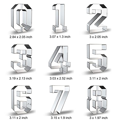 Number Cookie Cutters Shapes Large 9-Piece With Numbers #0 #1 #2 #3 #4 #5 #6 (#9) #7 #8 Shapes 3 Inch Cookie Cutter Set Numeral Biscuit Fondant Molds For Holiday Party Decorations - Stainless Steel #TOP1