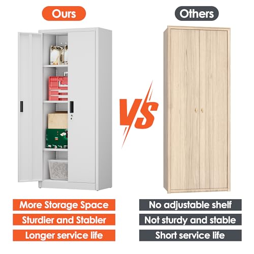 FlairVibe Armario de almacenamiento de metal con 2 puertas y 3 estantes ajustables, armario de almacenamiento con cerradura de 170 cm, garaje, hogar, oficina, fácil de montar (blanco) - imagen 5
