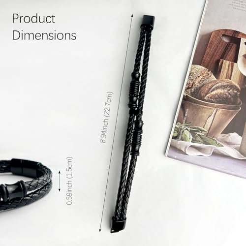 Pulsera de cuero trenzado negra con ornamentos de acero inoxidable miniatura 6