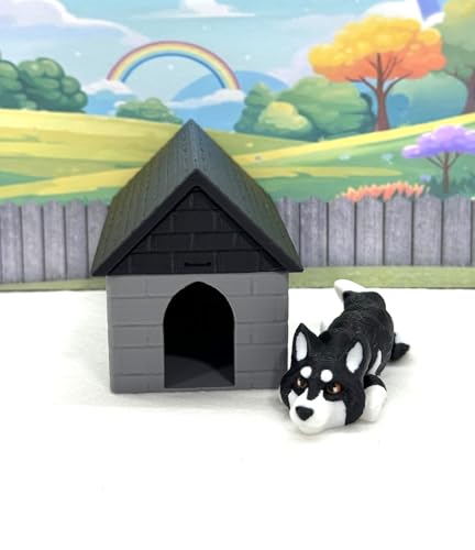 3D Printed Dog with Dog House, Articulated Labrador Retriever, Husky,German Shepperd,Golden Retriever Collie, Border Collie, Australian Shepherd Toy (Husky, Gray and Black Doghouse)