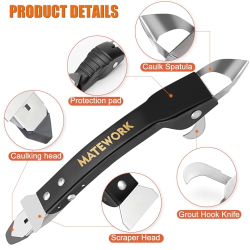 Matework Caulking Tool, Stainless Steel Caulk Remover Tool, 4 in 1 Caulking Removal Tool, For Kitchen Bathroom Shower, Black