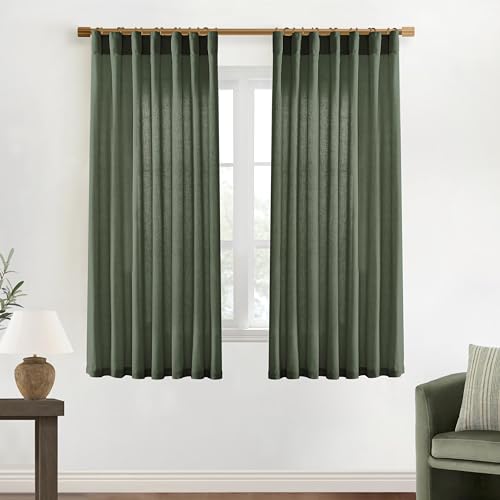 Image of XTMYI Olive Green Curtains 63 Inch Length for Living Room 2 Panels Set Back Tab Hooks Pleated Linen Blend Light Filtering Semi Sheer Curtain Drapes for Dining Room Bedroom Kitchen Bathroom Boho Decor
