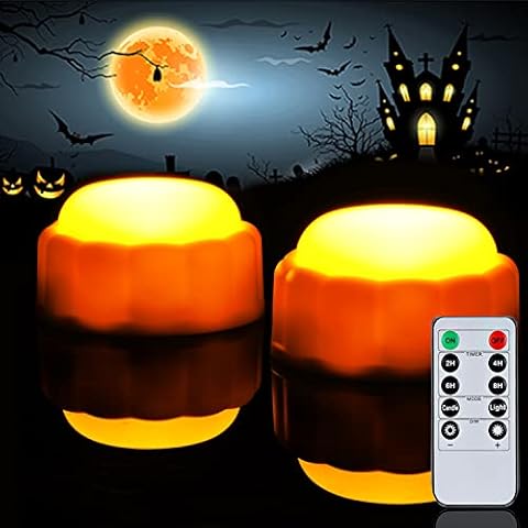 Amagic Halloween LED Pumpkin Lights with Remote and Timers, Battery Operated Jack-O-Lantern Lights, Bright Flickering Electric Candles for Halloween, Fall Decorations, Outdoor, Orange, Set of 2 Cover