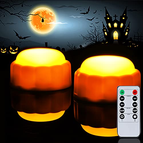 Amagic Halloween LED Kürbis Lichter mit Fernbedienung und Timer, Batteriebetriebene Jack-O-Lantern Lichter, Helle Flackernde Elektrische Kerzen für Halloween, Herbstdekorationen, Orange, 2er Set Cover