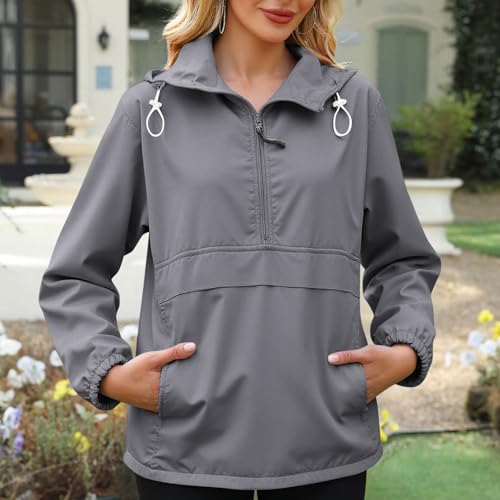 Uillui Light Rain Anorak Jacket Women's Raincoat Loose Fit Lightweight Packable Quart Zip Rain Pullover Hooded Windbreaker3