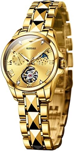 OUPINKE Women Watch Gold Automatic Skeleton Tourbillon Sapphire Crystal Waterproof Elegant Luxury Dress Ladies Wrist Watch Bracelet Set