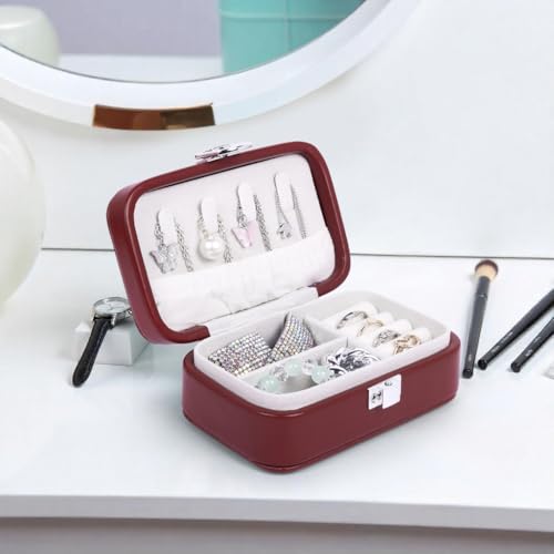 Image of BucketList PU Leather Jewellery Organizer Box with Ring Slots & Necklace Hooks | Compact Jewelry Storage Case with Secure Lock (Travel Jewellery Box Rectangular (Brown))