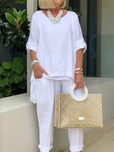 Women Linen Two Piece Pants Suit Dressy Long Sleeve Plus Size Linen Irregular Two Piece Set2