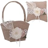Warmhm Juego de Almohada Decorada Flores Artificiales y Cesta de Lino Color Café 1 Set para Anillos para de Boda y Compromiso