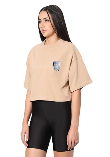 Besick Cotton Attack of Titans Round Neck Crop Tshirt for Women (Beige XS)