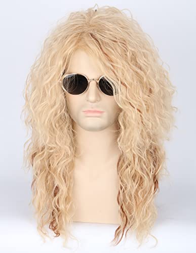 LeMarnia Unisex Adult Blonde70s 80s Heavy Metal Rock Mullet Wig Halloween Costume Wig, Blonde mix