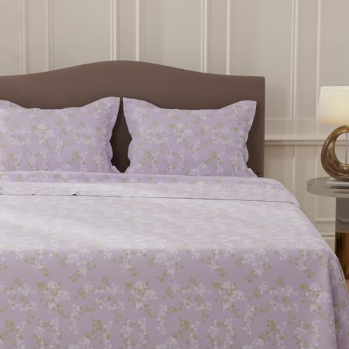 Image of Layers 100% Cotton Bedsheet for Double Size Bed | Lumina Floret Collection | 144 TC Soft & Breathable | Floral Print with 2 Pillow Covers | Wrinkle Free & Colorfast | 3 Piece Bedding Set - Purple