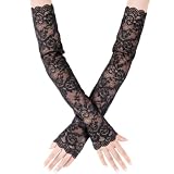 AVUELOI 1 Pair Gants Longs en Dentelle Noir Sans Doigts Demi Doigts Gants Longs Femme 40 cm Robe de Bal de Mariée Opéra Accessoires de Festival des Années 1920 Gants