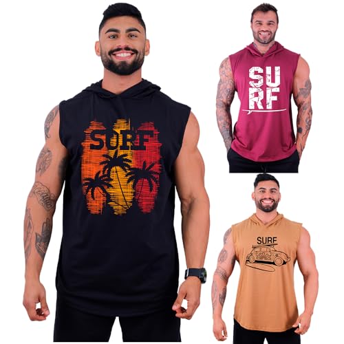 Kit 3 Regatas Com Touca Longline Masculina MXD Conceito Cores Lisas Academia Treino Musculação Casual Funcional