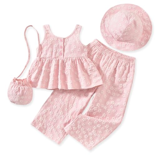 HINTINA 2T Toddler Girl Clothes Preschool Ditsy Floral Sleeveless Camisole Elastic Waist Pants Set Summer Outfits, 2-3 Years, Pink