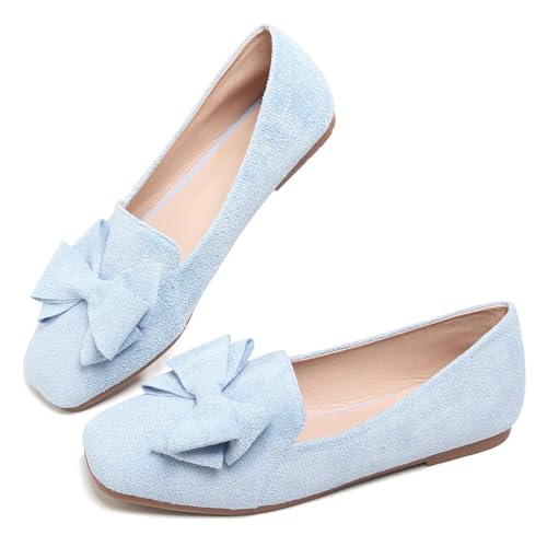 Image of WENJIAZHIZHI Square Toe Bow Ballet Slip-On | Classic Suede Finish,Chic Bow Detail,Effortless Everyday Style,Wedding Party Office,Plus Size Available