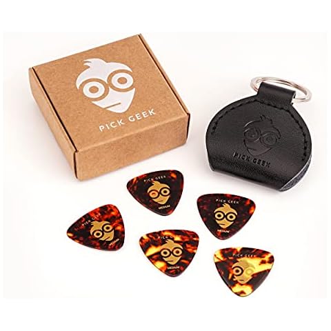 Pick Geek Leather Pick Holder Keyring | 100% Handmade Real Leather | Black | Includes 5 FREE Pick Geek Celluloid Triangle Picks | Shipped in a Kraft Gift Box Cover
