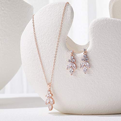 Sweetv Marquise Rose Gold Wedding Jewelry Set For Brides, Bridal Bridesmaids Jewelry Set, Cubic Zirconia Necklace Earrings Set For Women #TOP4