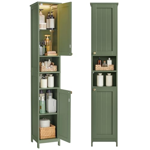 VASAGLE Tall Storage Cabinet with Lights, Slim Freestanding Cabinet with Adjustable Shelves, for Small Spaces, Bathroom, Living Room, Modern, 11.8 Inches Wide, Forest Green UBBC566C01