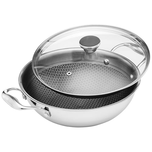 Amazon Basics Non-Stick Honeycomb Triply Stainless Steel Kadhai with Glass Lid, 24 cm - 2.7L, Fast & Even Heating, Induction & Gas Compatible