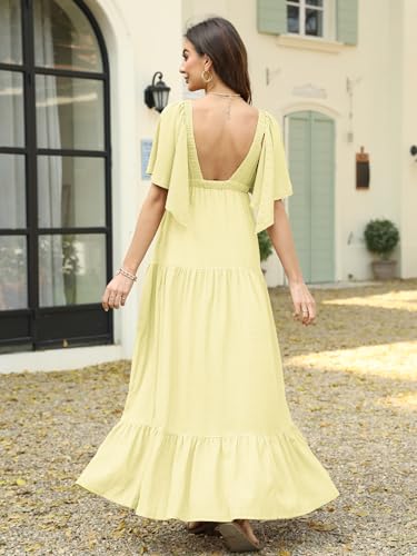 Image of Kikibell Women Summer Dresses Sexy V-Neck Maxi Dress Tiered Silhouette with Flutter Sleeve Backless Elastic Waist Flowy Dress