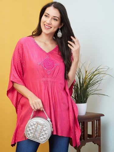 Image of Globus Women Striped Mirror Work V- Neck Pure Cotton Kaftan Tunic