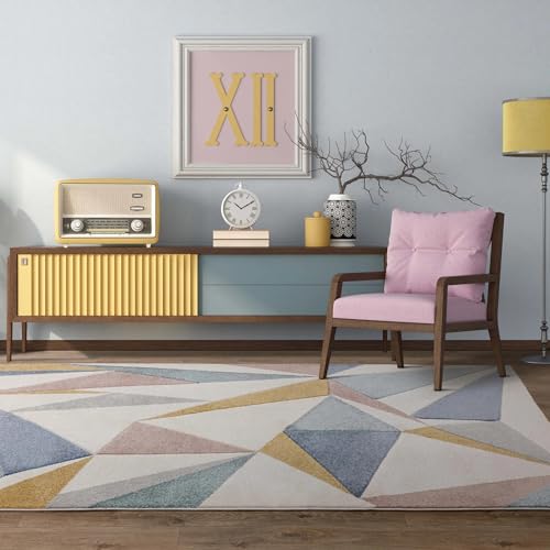 Image of Lord of Rugs Sketch SK20 Modern Geometric Rug Contemporary Abstract Carved Triangles Pattern Soft Area Luxury Rug for Living Room Bedroom Rug Kaleidoscope Pastel Multi Large 160x230 cm (5'3"x7'7")