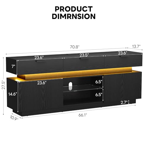 LIKIMIO Black TV Stand for TVs 85 inch, Entertainment Center with Power Outlets & LED Lights, TV Media Console Table with Cabinets, Drawers and Open Storage Shelves, Modern TV Stand for Living Room