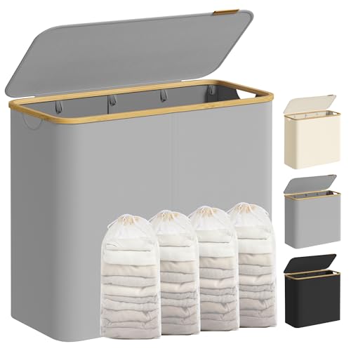 SONGMICS Wäschekorb mit Deckel Wäschesammler mit 4 Fächern 200 L herausnehmbarer Wäschesack Oxford-Gewebe Griffe aus Bambus zusammenklappbar 78 x 38 5 x 70 5 cm taubengrau LCB514GD01