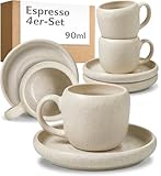 Cosumy 4er Espressotassen Set mit Untertassen Weiß – 90 ml Keramik Espresso Tassen Set – Hält lange warm dank dickwandigem Steingut – Elegante Kaffeetassen mit handglasierter Oberfläche