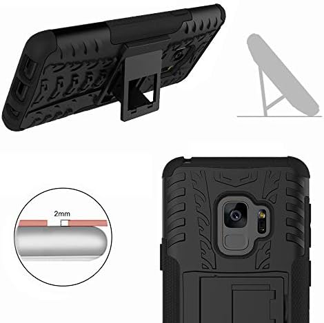 Phone Case for Samsung Galaxy S9 with Tempered Glass Screen Protector Cover and Stand Kickstand Hard Rugged Hybrid Accessories Heavy Duty Rubber Shockproof Glaxay S 9 9S Edge GS9 Women Men Girls Black