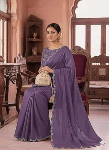 Image of Chinon Silk Saree with Embroidered Blouse, Traditional Georgette Saree, Elephant Embroidery Pattern, V-Neck Design, Free Size, Festival Wear
